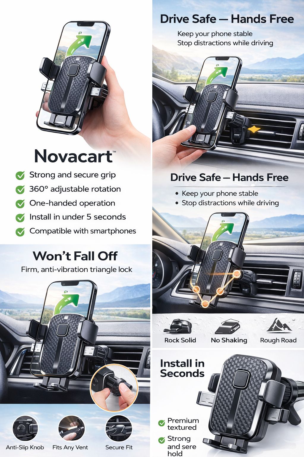 Anti-Vibration Car Phone Mount – 360° Rotation